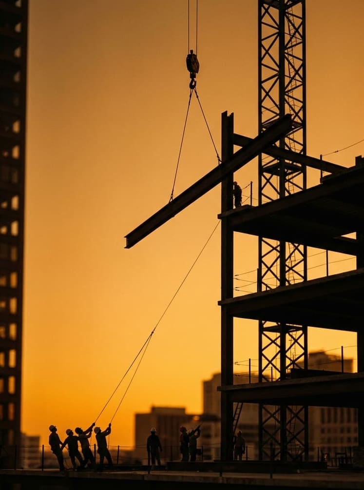 Crane lifting a steel beam onto a rising structure