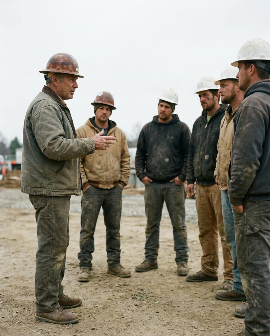 Foreman briefing a crew at sunrise