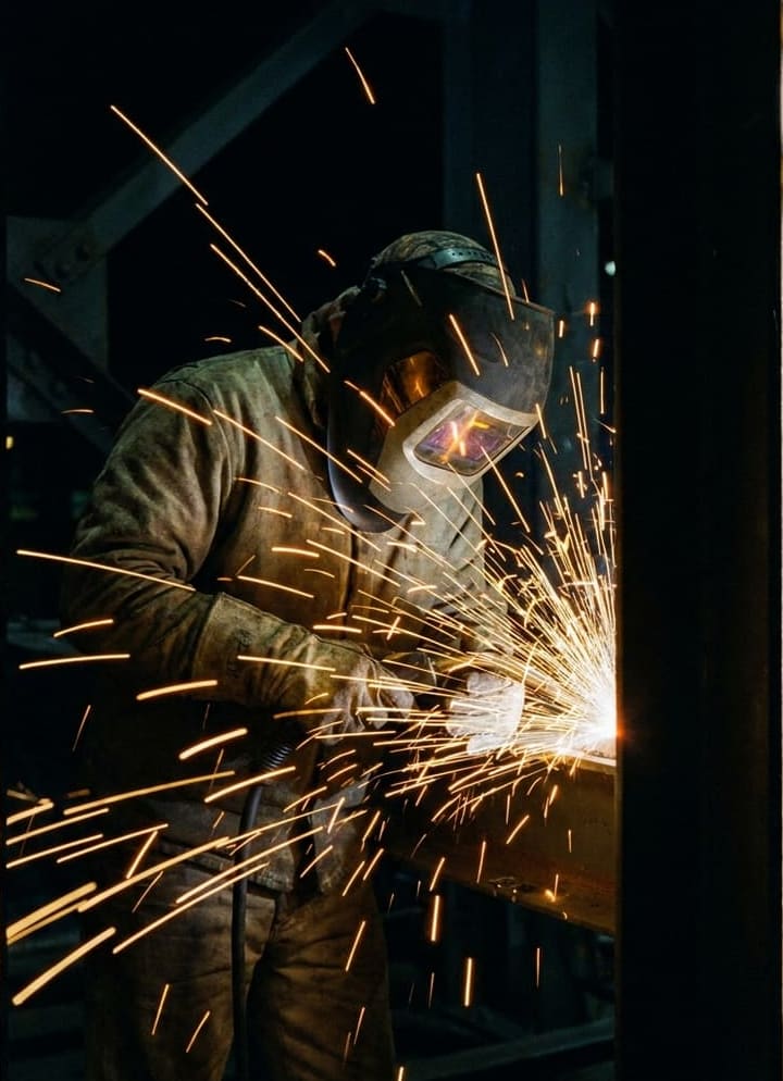 Welder working structural steel at night